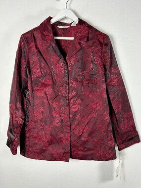 French Laundry Women Silk Blend Floral Dressy Shirt Ruby Red Button Up Large New